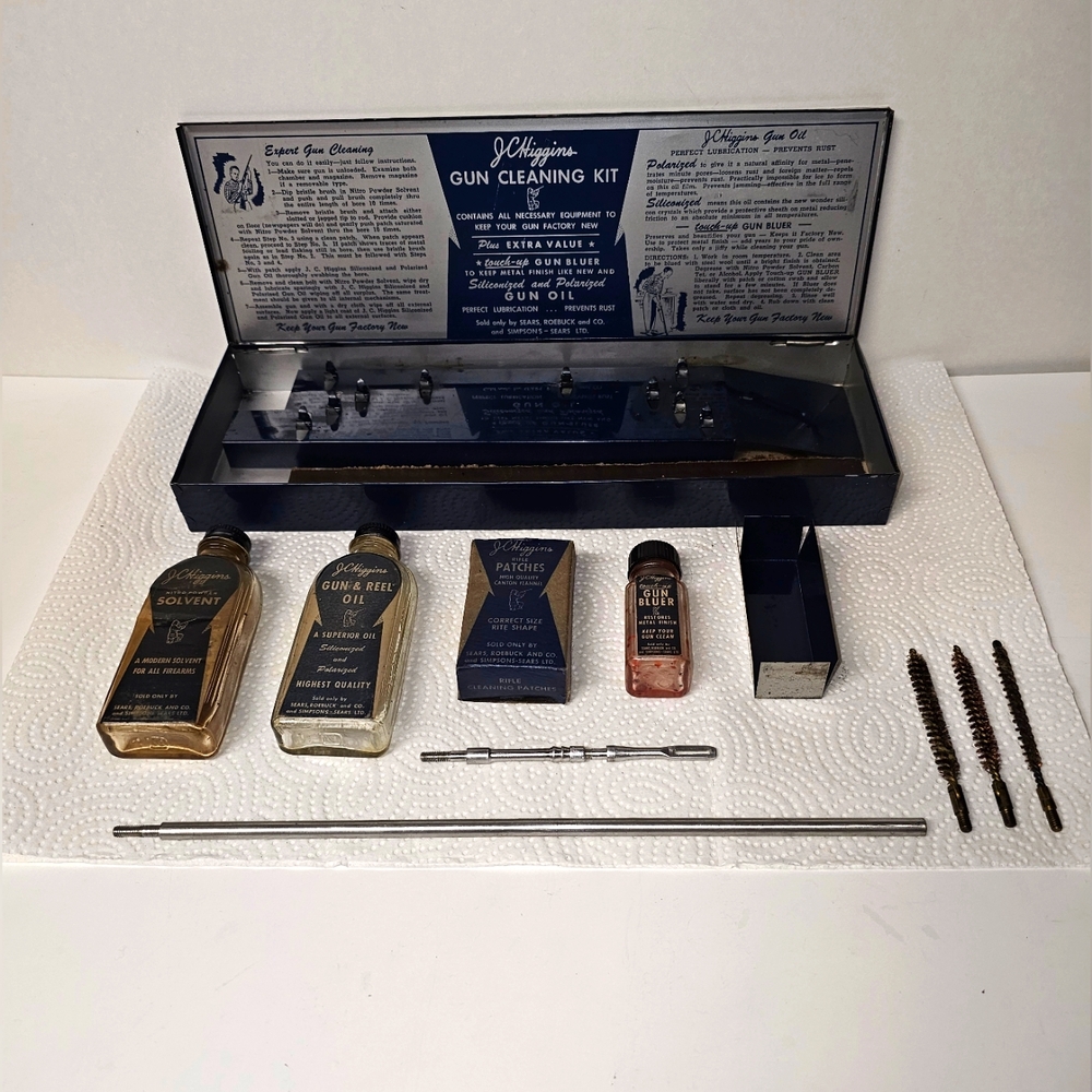 JC Higgins Sears Gun Cleaning Kit #270 w/ Rifle patches, bottles, and tools